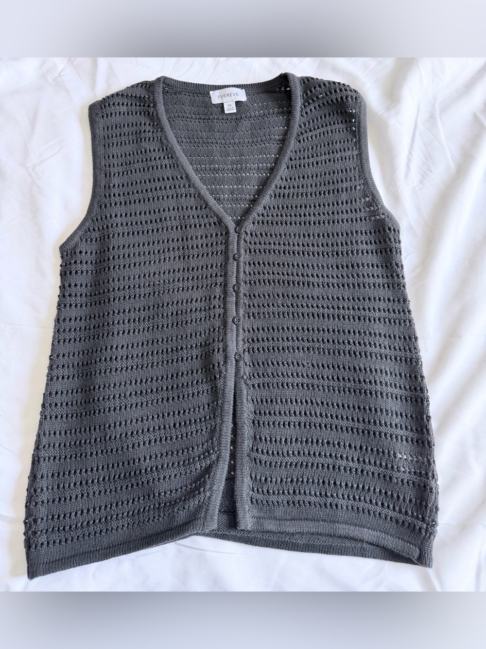 Evereve Charcoal Open-Knit Button Front Vest, 100% cotton, size extra small